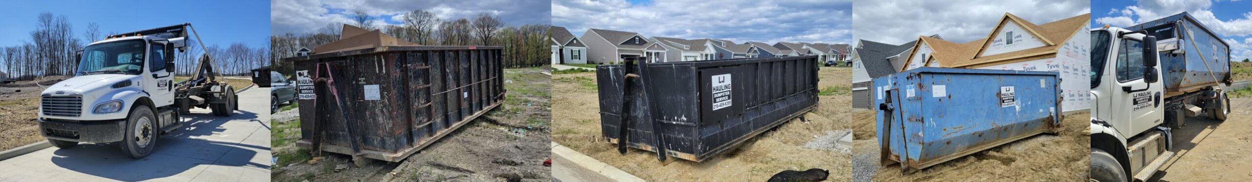 Header image for the contact us page showing three different dumpsters and two trucks